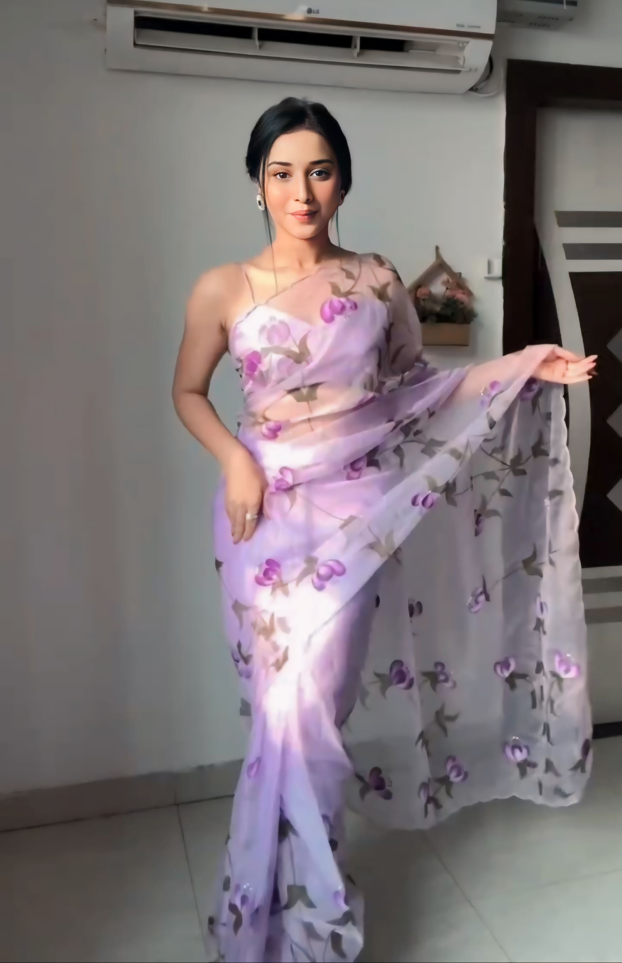 Nice Lavender Soft Organza Silk Pastel Color Flower Design READY TO WEAR Saree