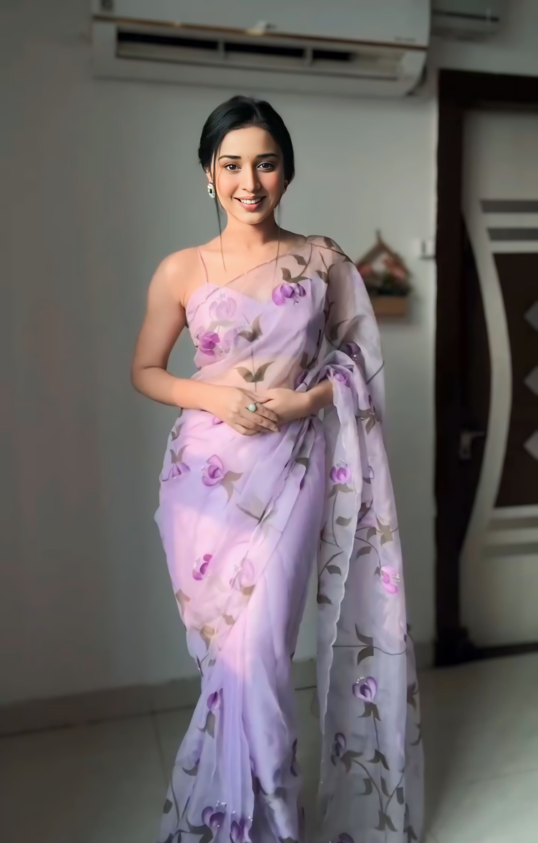 Nice Lavender Soft Organza Silk Pastel Color Flower Design READY TO WEAR Saree