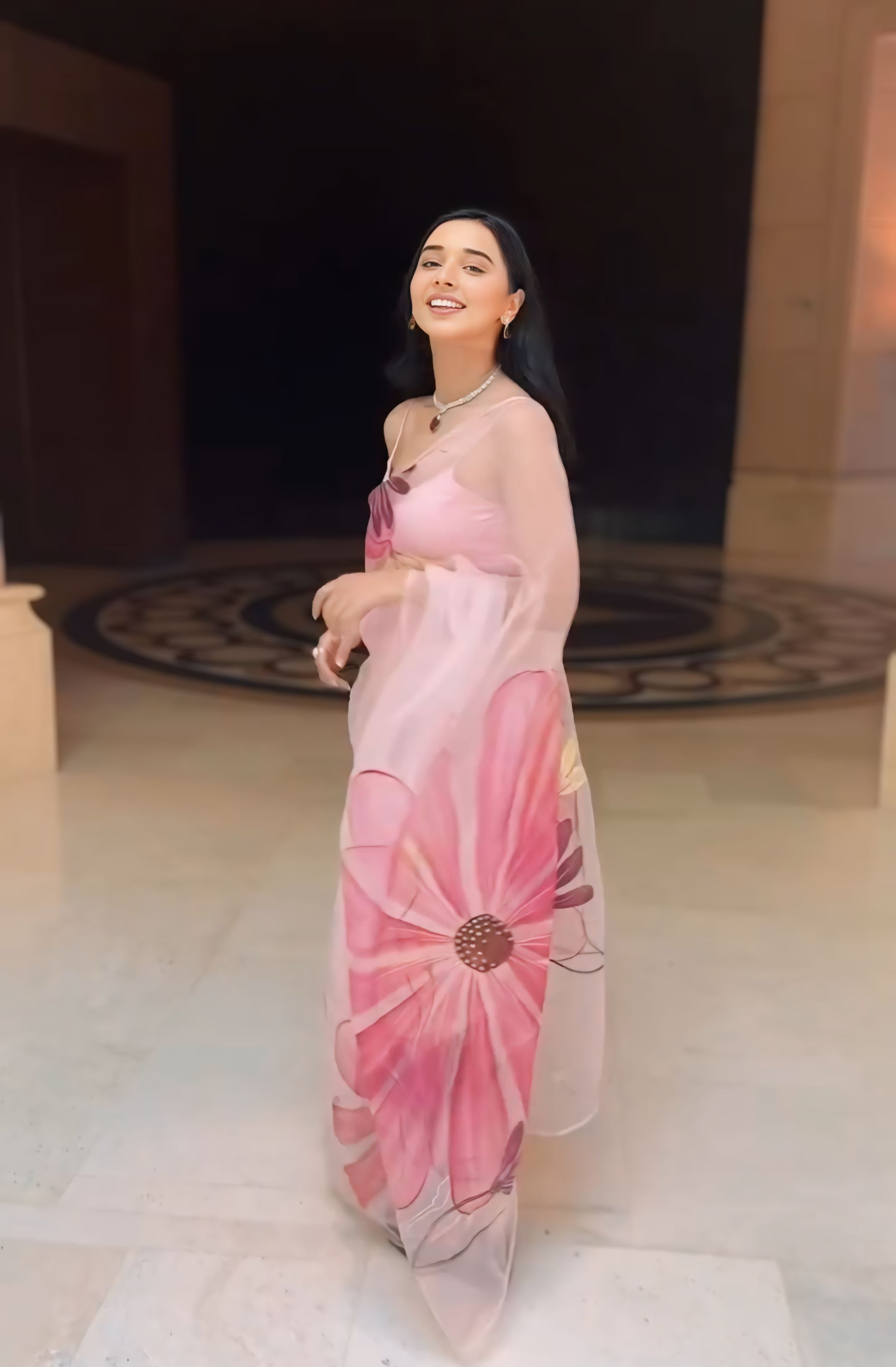 Light Pink Color Flower Design Ready To Wear Saree