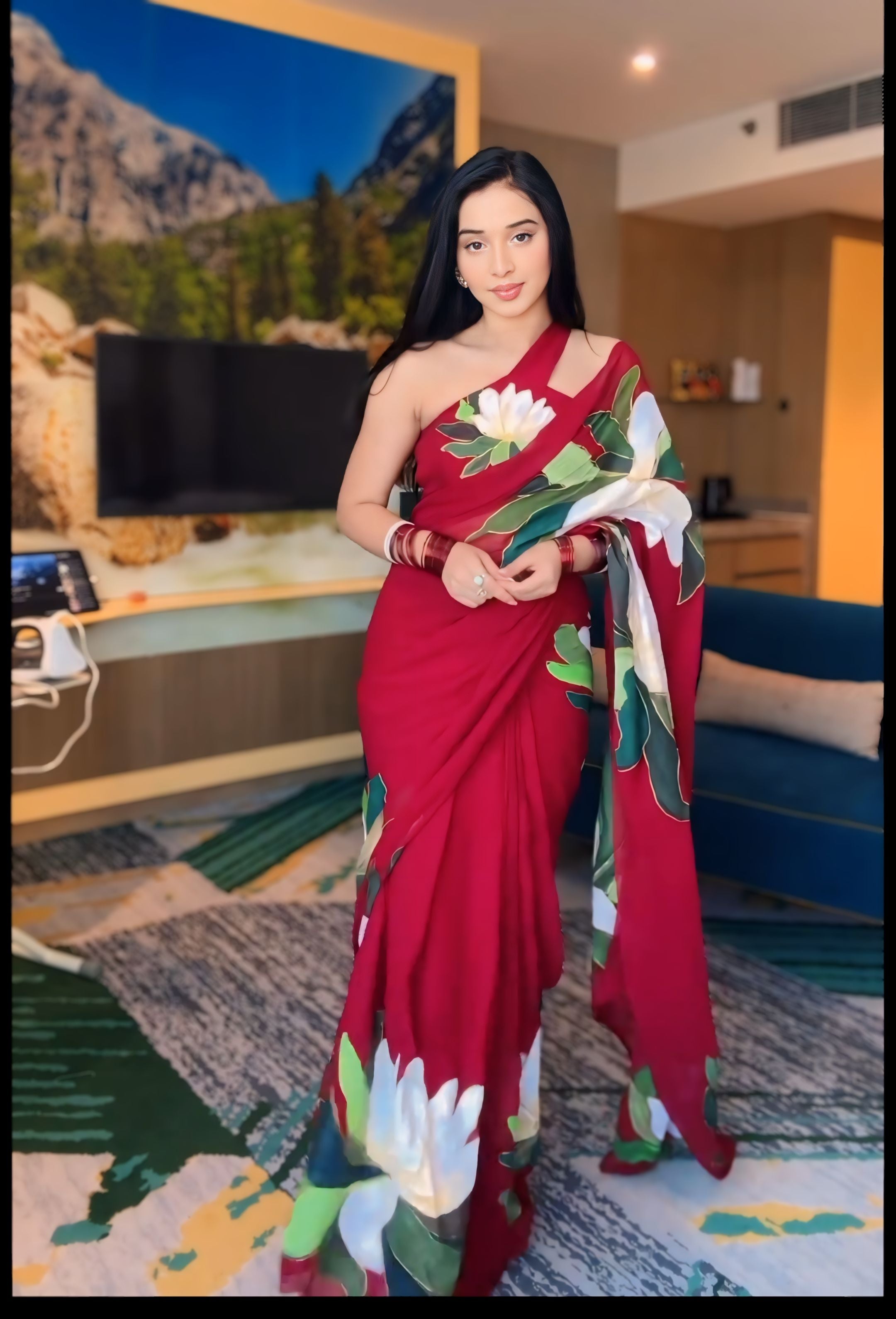 Emily Maroon 1-Minute Ready To Wear Premium Georgette Printed Silk Saree