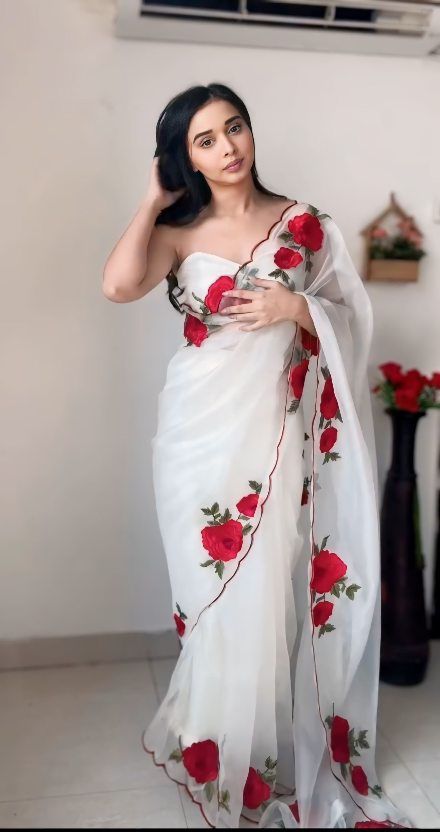 WOMEN'S PURE GEORGETT READY TO WEAR SAREE WITH FANCY BLOUSE