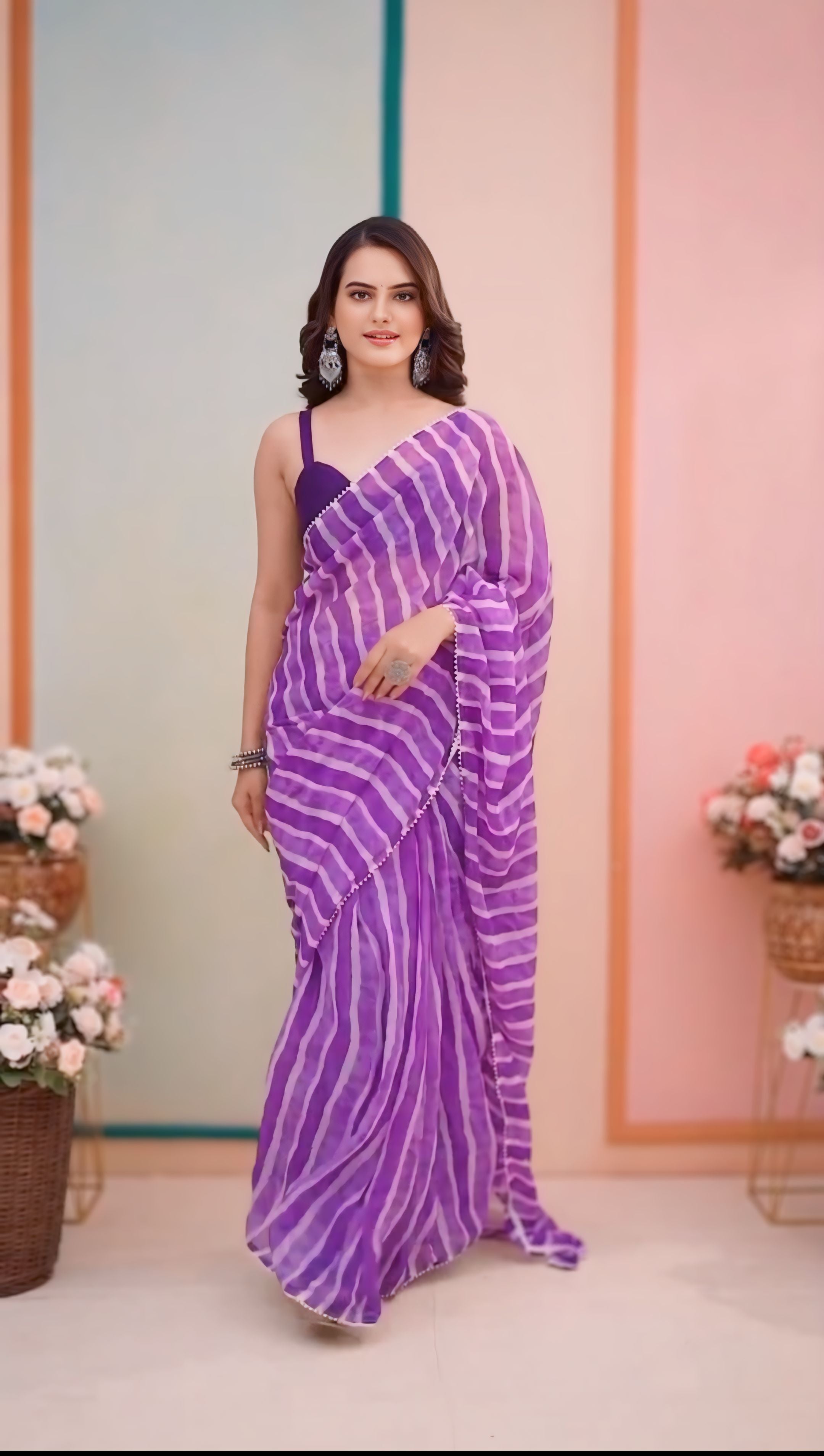 Women Striped Pre-Stitched READY TO WEAR SAREE