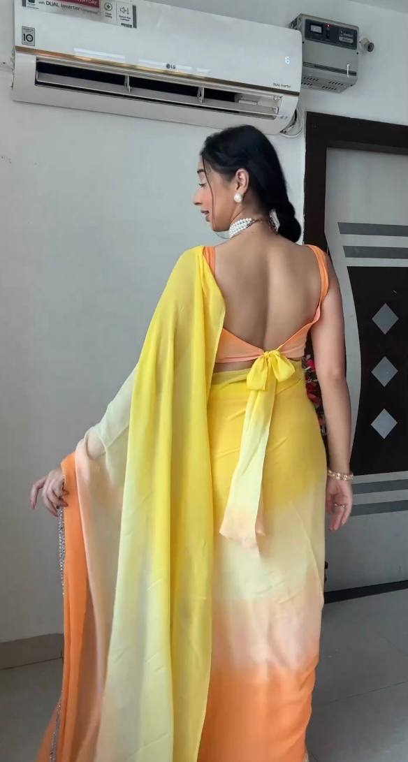 YELLOW gergotte Saree For Womens With Unstiched Blouse Piece