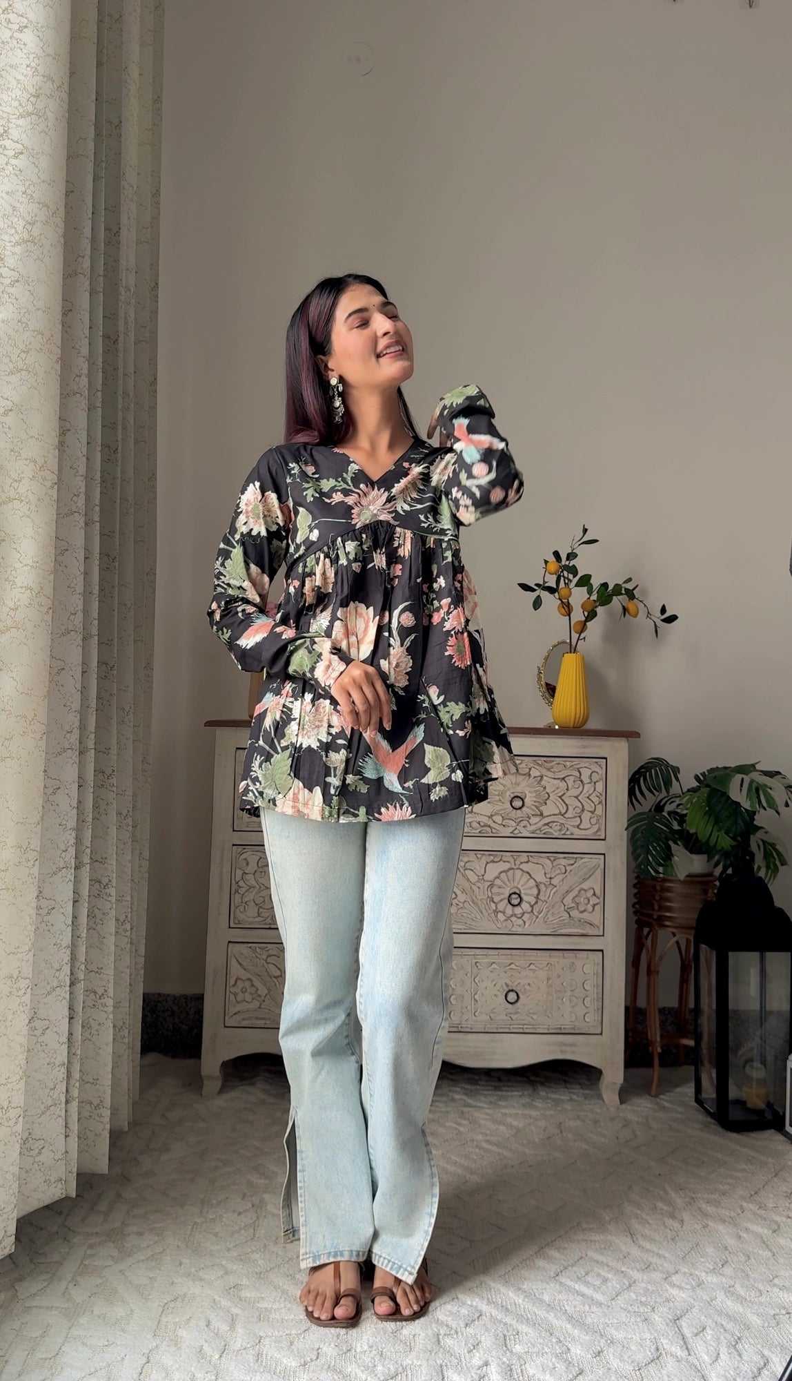 Black Floral Printed V Neck Full Sleeve Pure Cotton Top