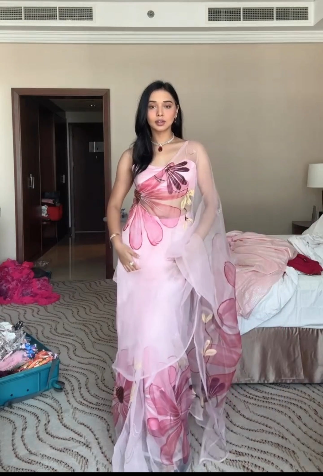 Light Pink Color Flower Design Ready To Wear Saree