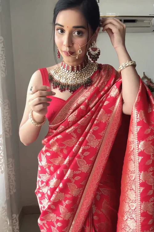 Classic 1-Minute Ready To Wear Red Soft Silk Saree