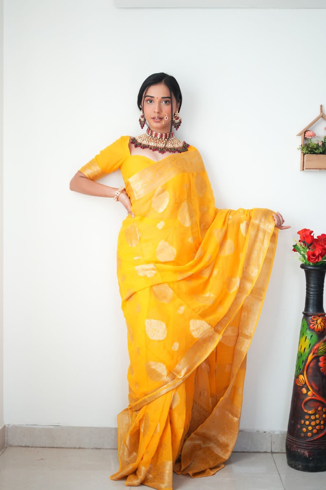 Yellow Golden Weaving Work Saree