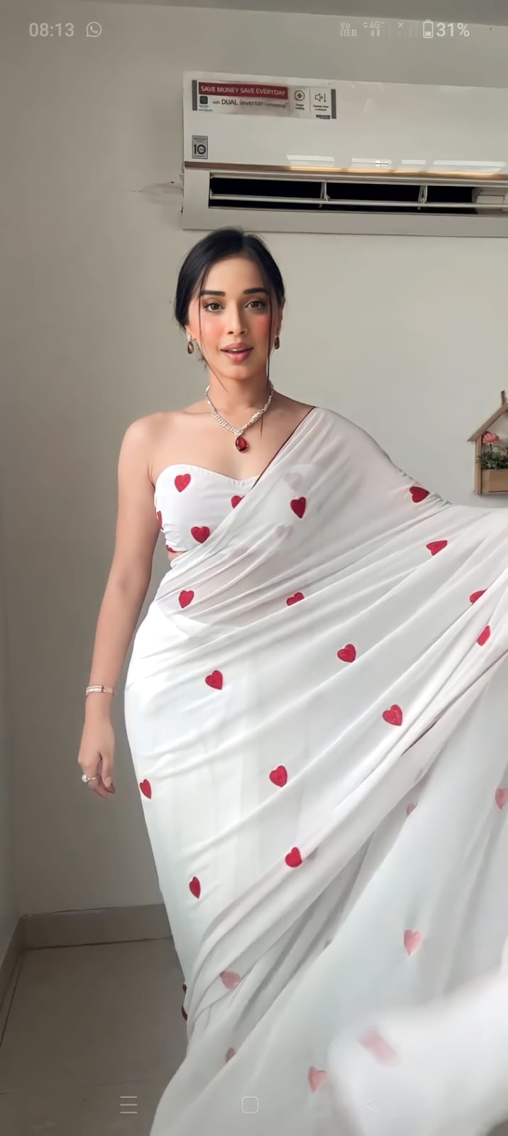 Women Heart Print Georgette Ready to wear white graceful saree