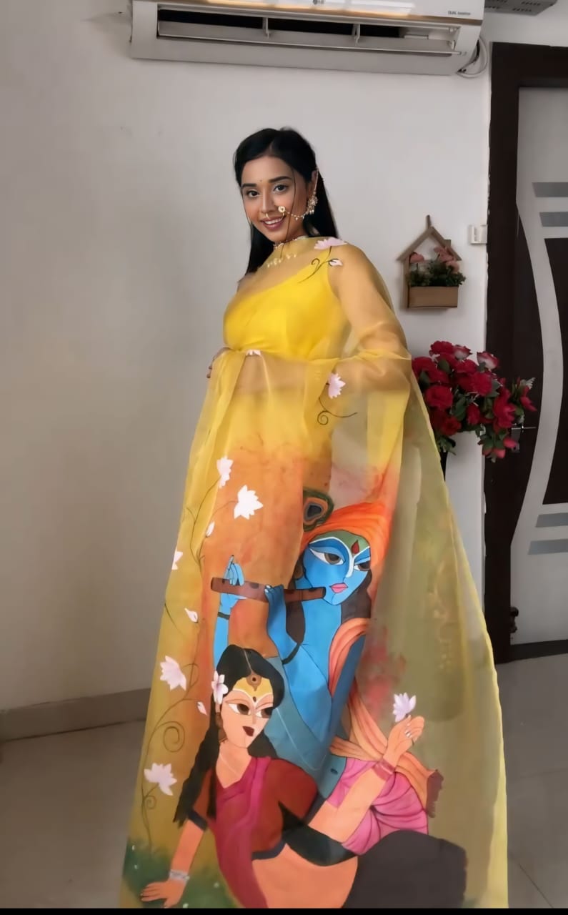 Ready-to-Wear Organza Saree with Radha Krishna