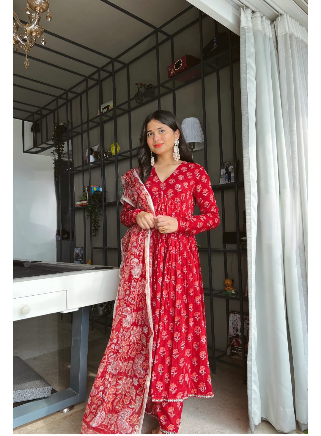 RED FLORAL PRINT ALIA CUT SUIT SET