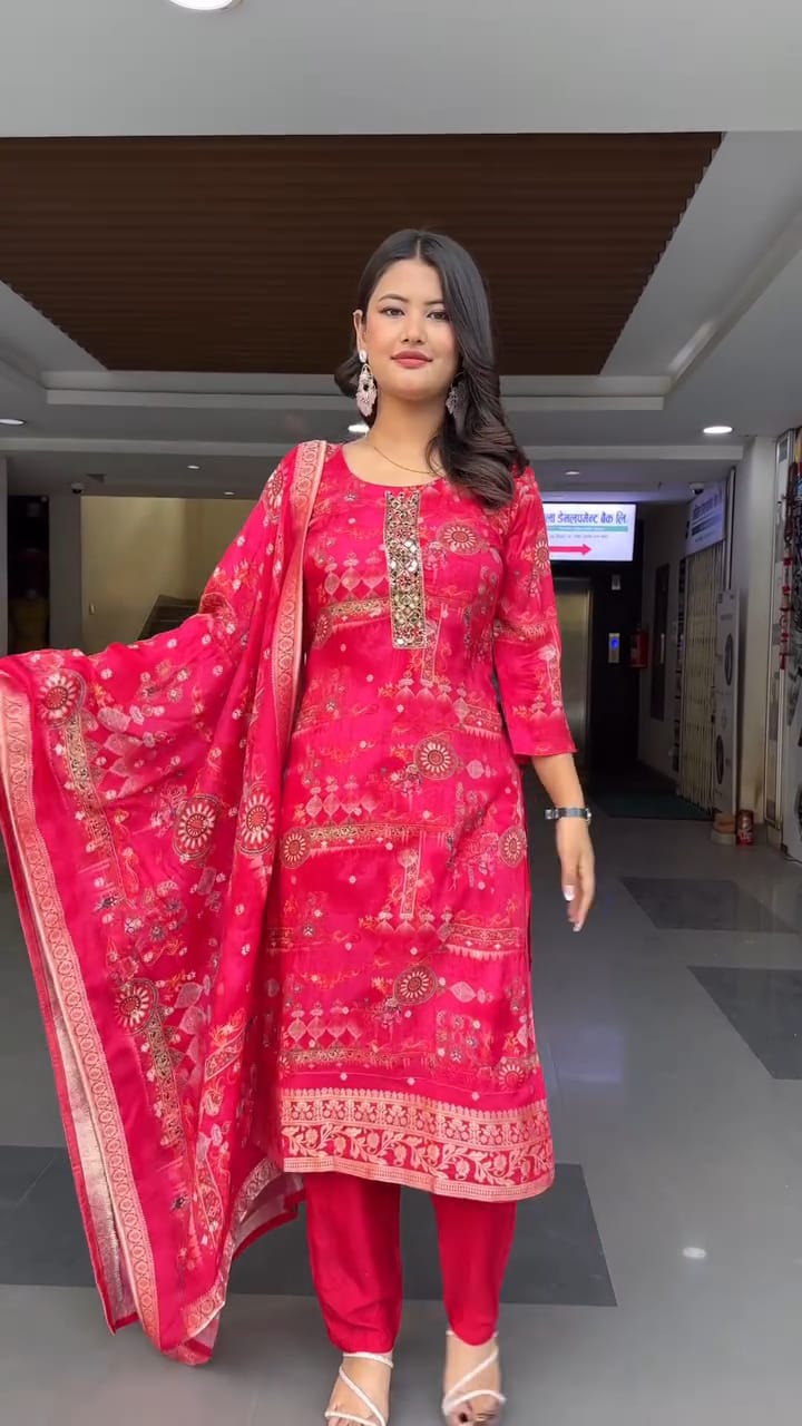 Women red Floral Print Straight Kurta Set