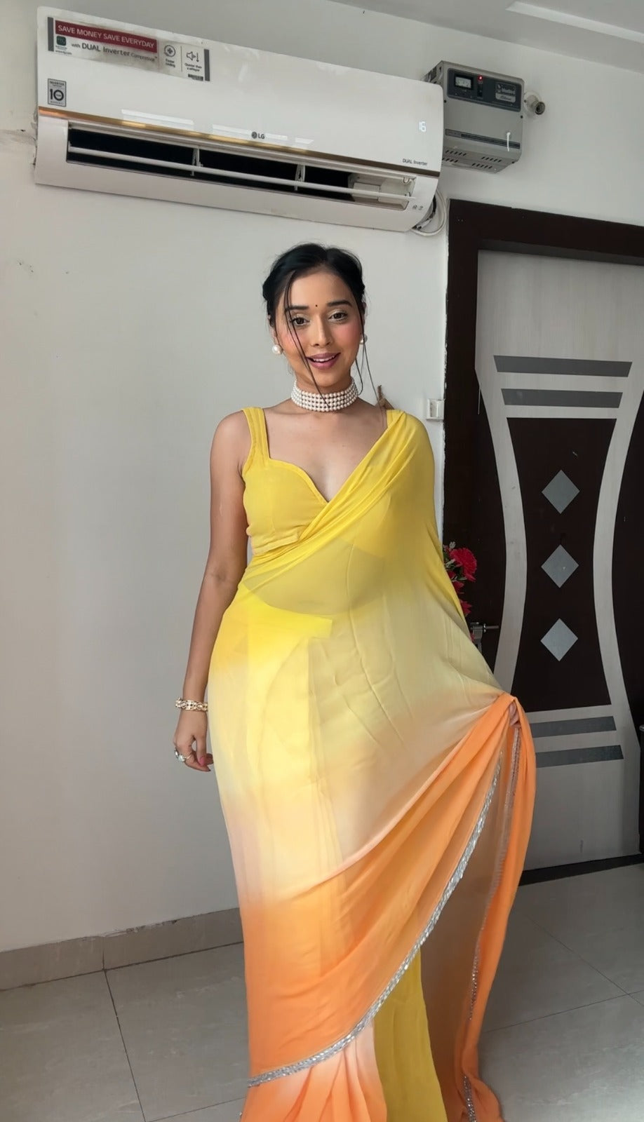 YELLOW gergotte Saree For Womens With Unstiched Blouse Piece