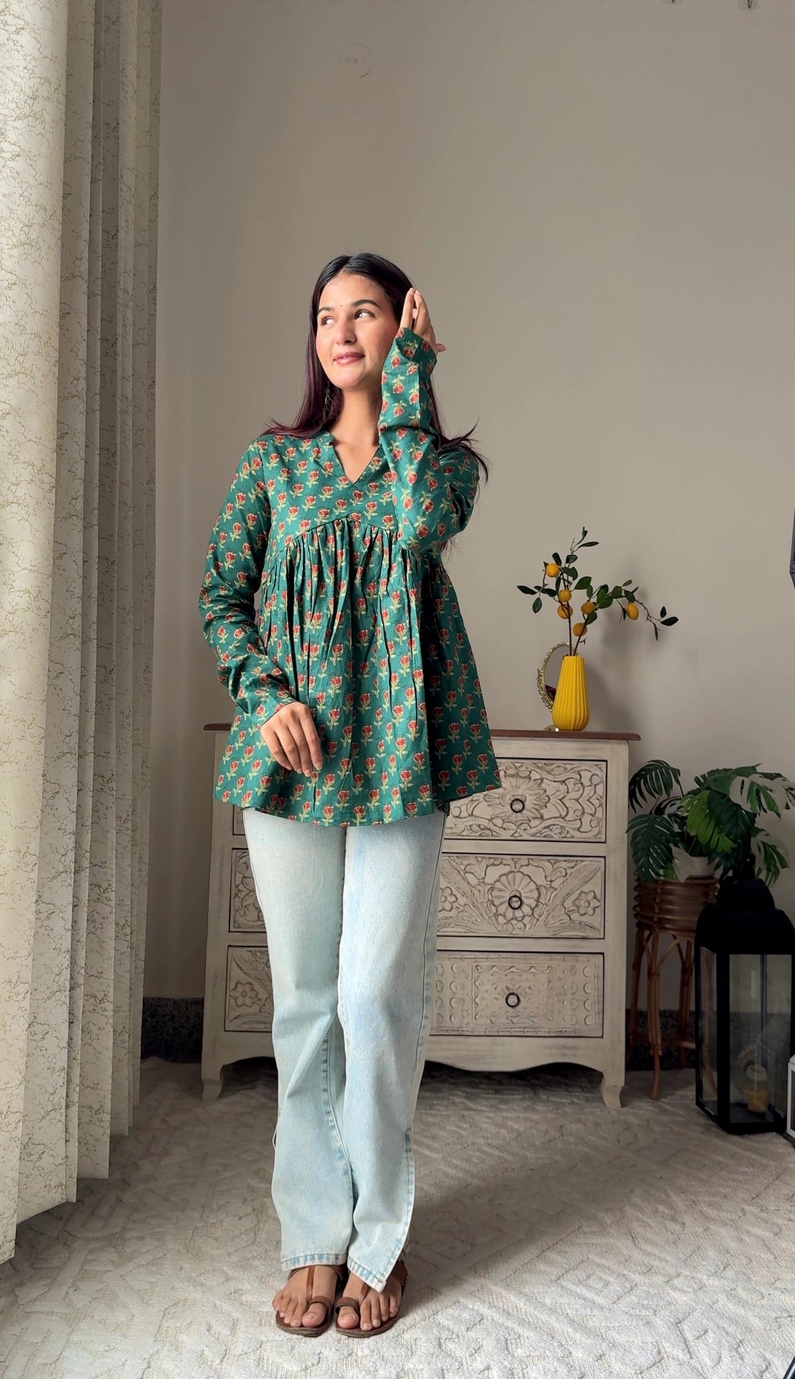 Green Full Sleeves Cotton Top